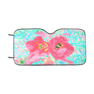 Auto Sun Shade, Two Rosy Red Coral Plum Crazy Hibiscus on Aqua