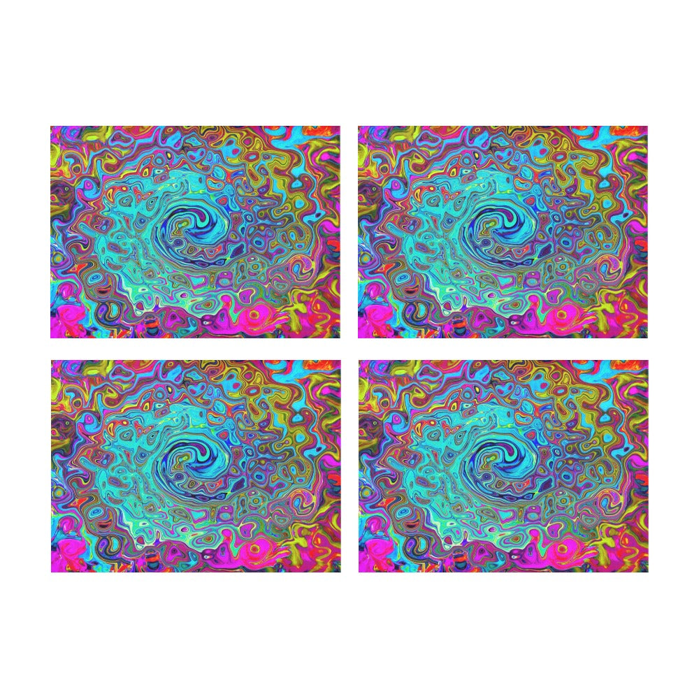 Cloth Placemats Set, Trippy Sky Blue Abstract Retro Liquid Swirl