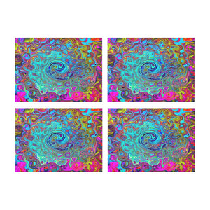 Cloth Placemats Set, Trippy Sky Blue Abstract Retro Liquid Swirl