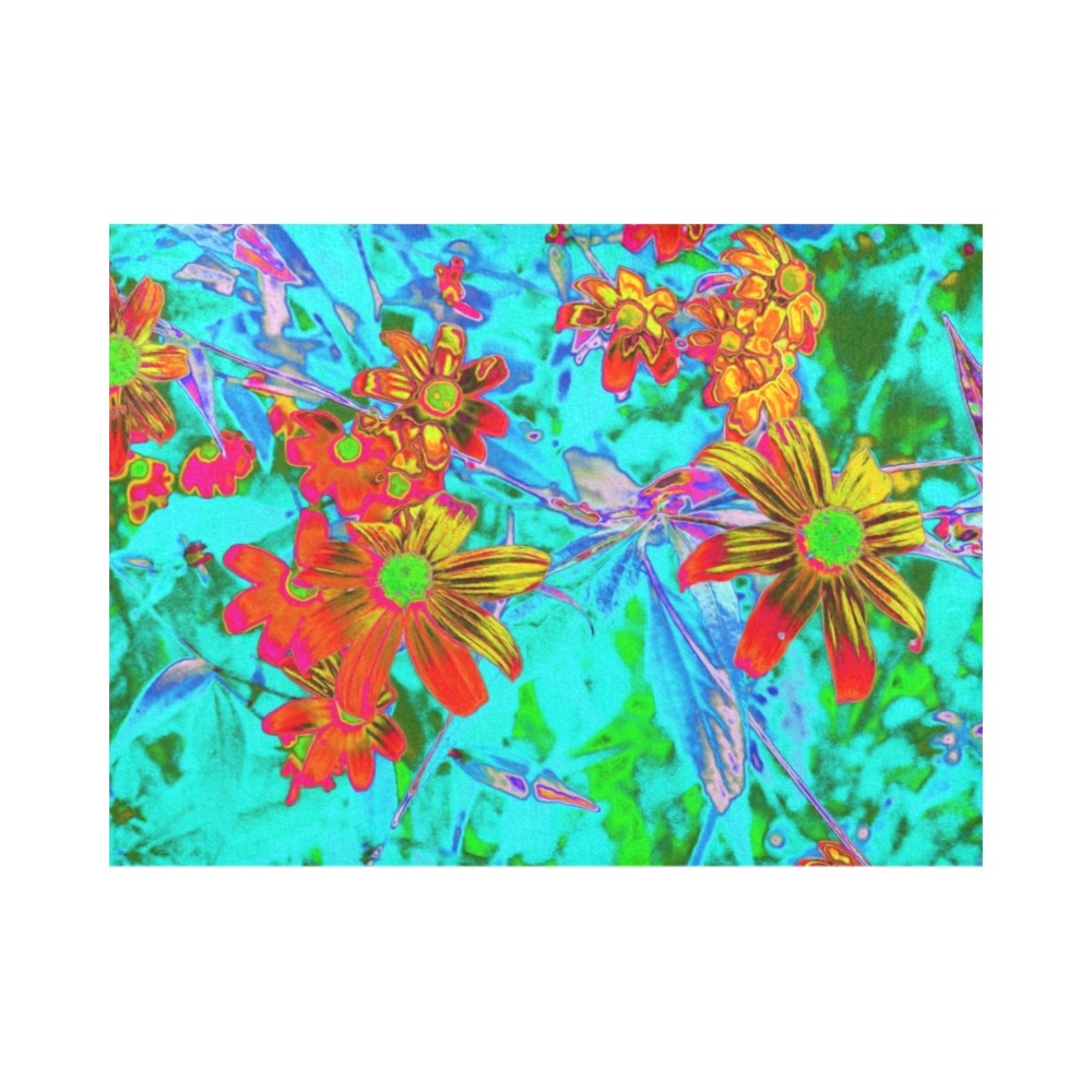 Cloth Placemats Set, Aqua Tropical with Yellow and Orange Flowers