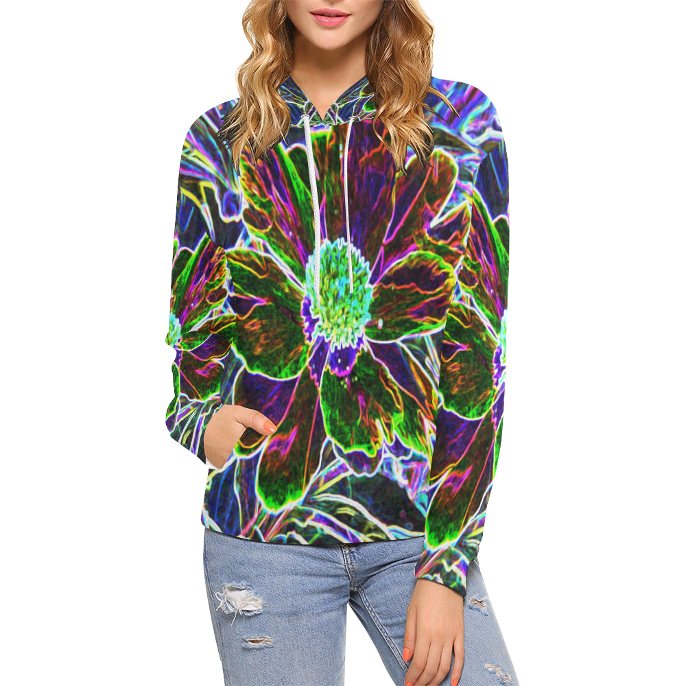 Hoodies for Women, Abstract Garden Peony in Black and Blue