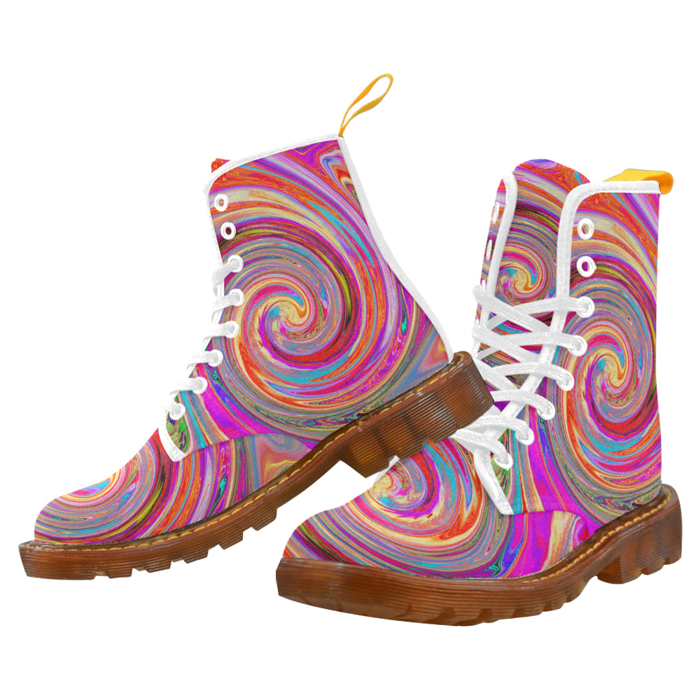 Colorful Boots for Women, Colorful Rainbow Swirl Retro Abstract Design, White