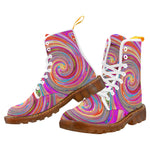 Colorful Boots for Women, Colorful Rainbow Swirl Retro Abstract Design, White