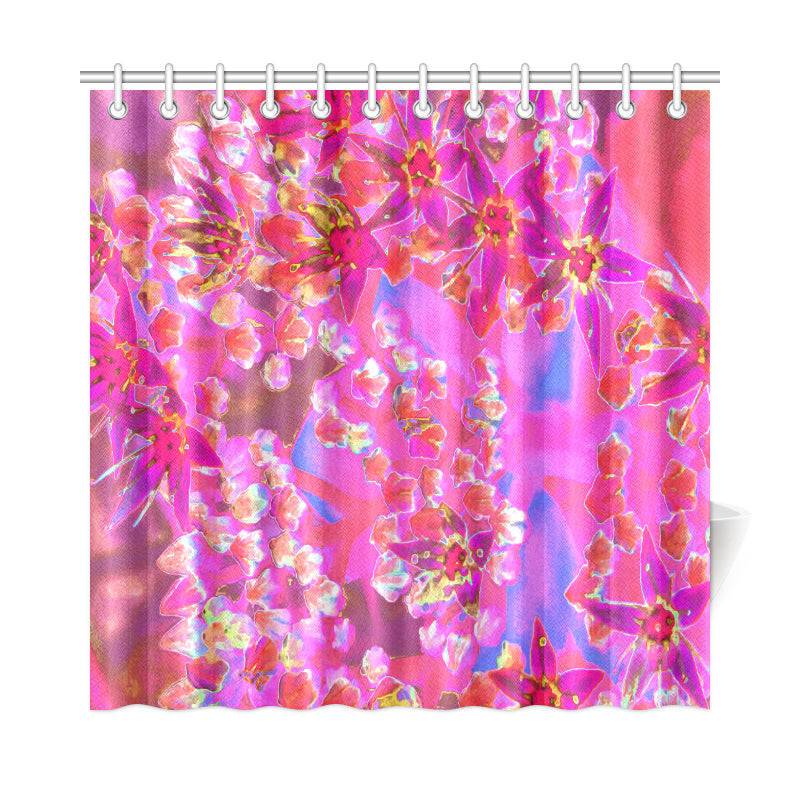 Shower Curtains, Succulent Sedum Flowers in Magenta Gold and Red