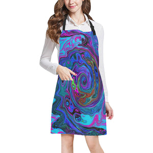 Apron with Pockets, Groovy Abstract Retro Blue and Purple Swirl
