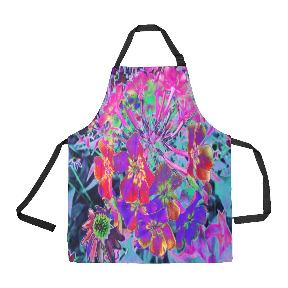 Apron with Pockets, Dramatic Psychedelic Colorful Red and Purple Flowers