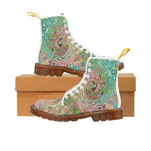 Colorful Boots for Women, Retro Groovy Abstract Colorful Rainbow Swirl, White