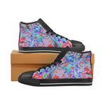 High Top Sneakers for Women, Retro Psychedelic Aqua and Orange Flowers - Black