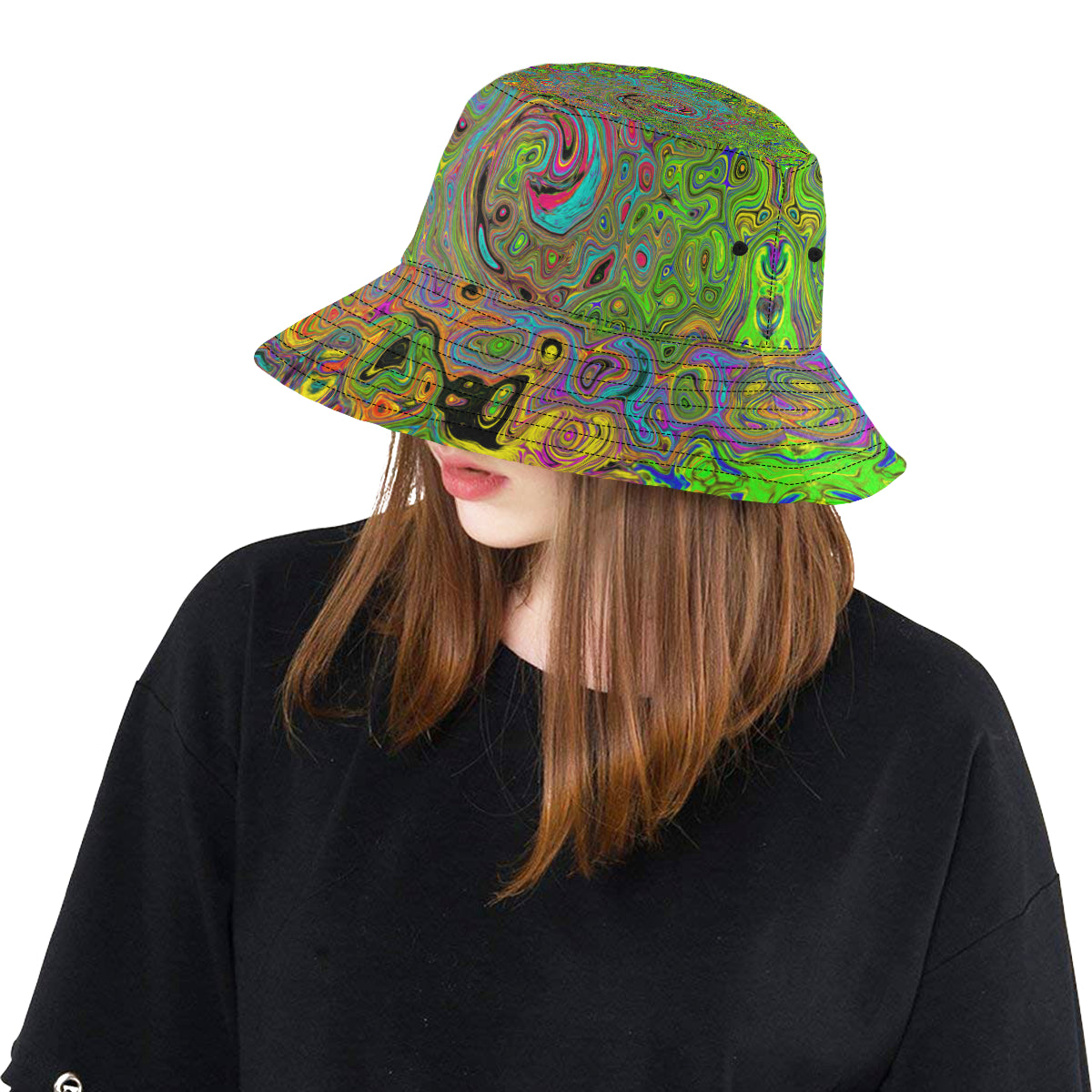 Bucket Hats, Groovy Abstract Retro Lime Green and Blue Swirl