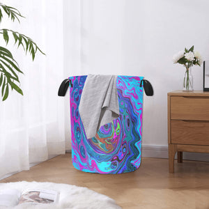 Fabric Laundry Basket with Handles, Groovy Abstract Retro Blue and Purple Swirl