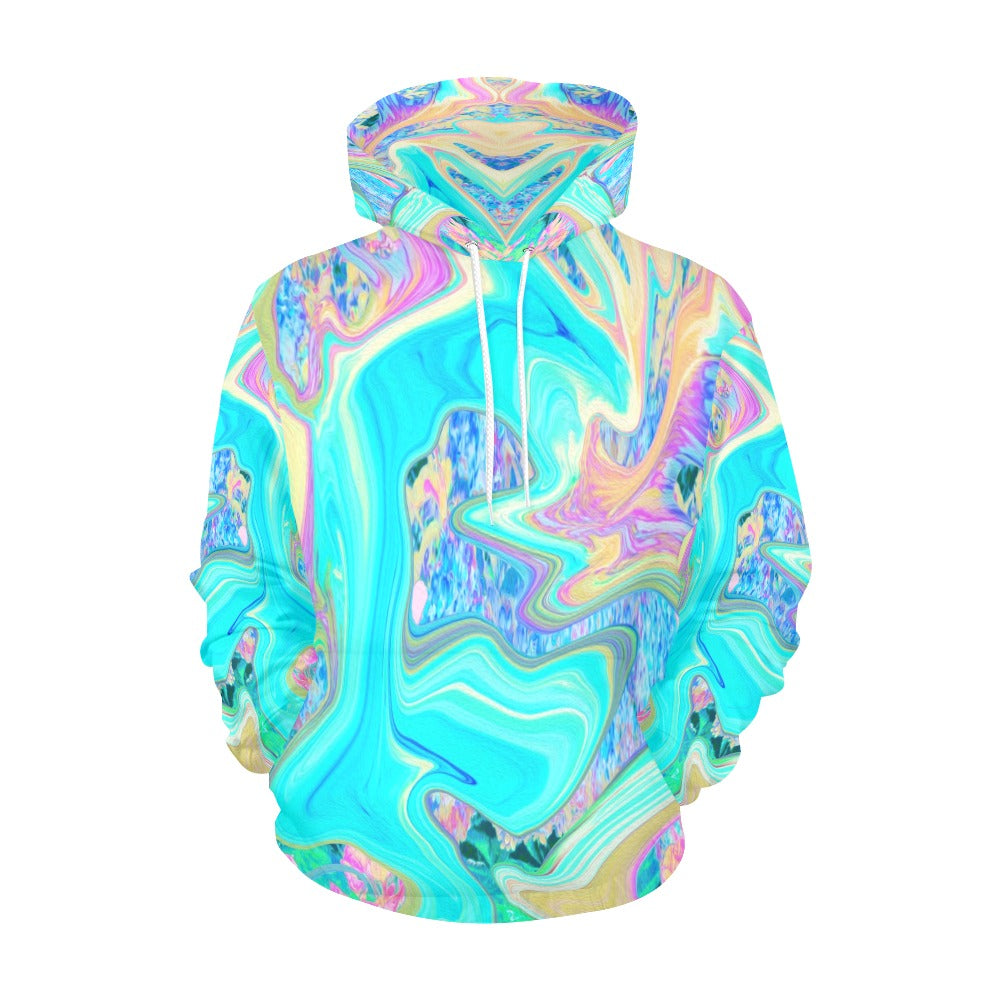 Hoodies for Women, Retro Aqua Blue Liquid Art on Abstract Hydrangeas