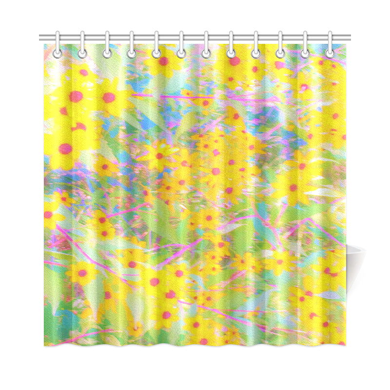Shower Curtain, Pretty Yellow and Red Flowers with Turquoise