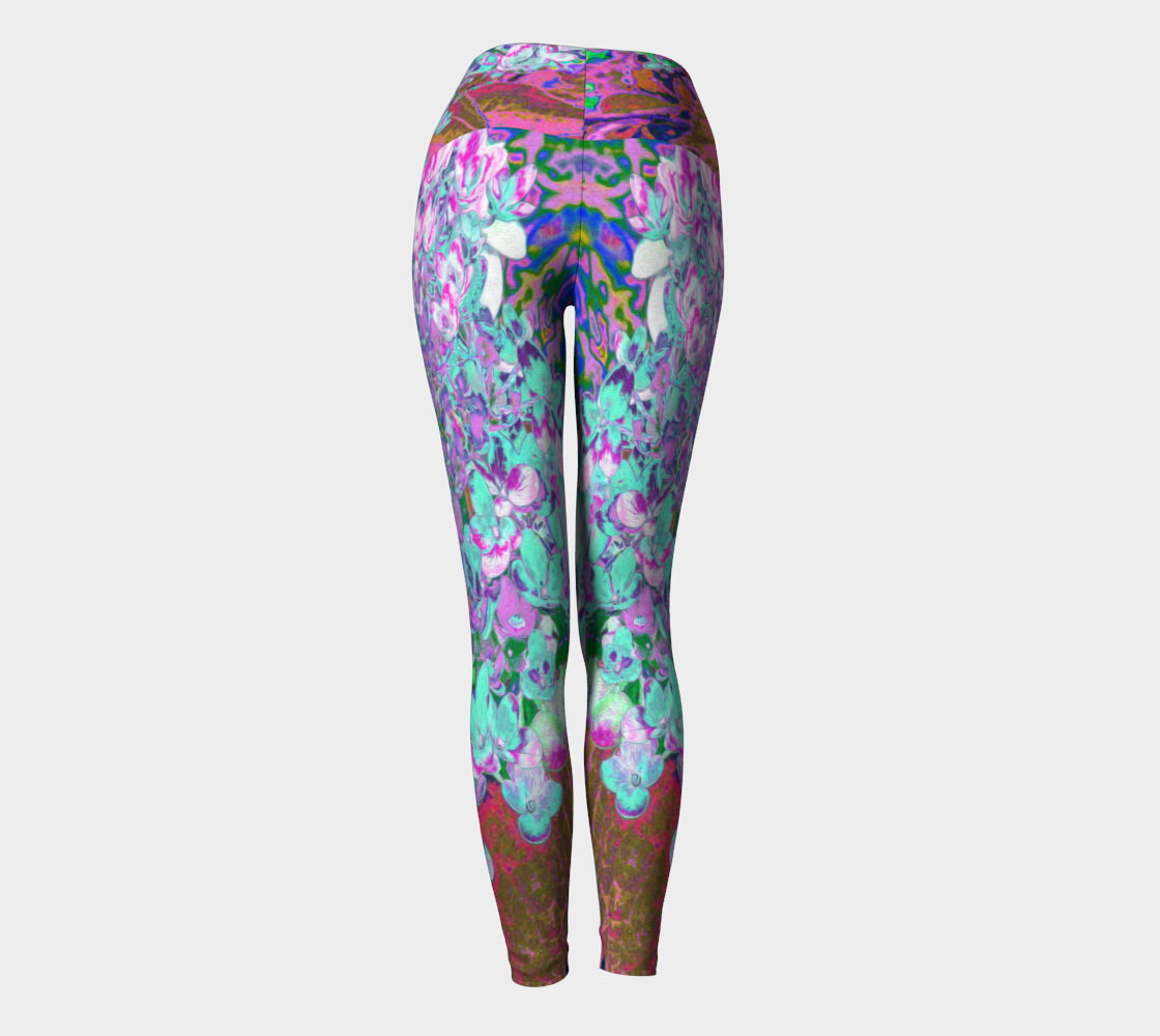 Artsy Yoga Leggings, Elegant Aqua and Purple Limelight Hydrangea Detail