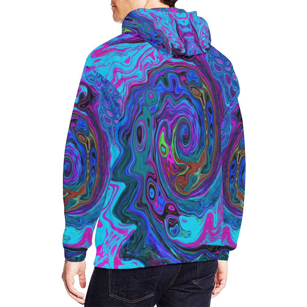 Hoodies for Men, Groovy Abstract Retro Blue and Purple Swirl