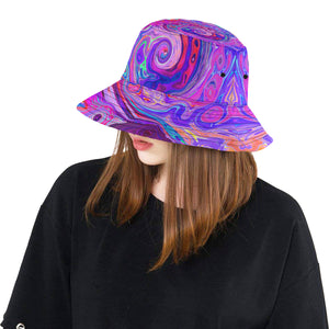 Bucket Hats, Retro Purple and Orange Abstract Groovy Swirl