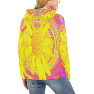 Hoodies for Women, Yellow Sunflower on a Psychedelic Swirl