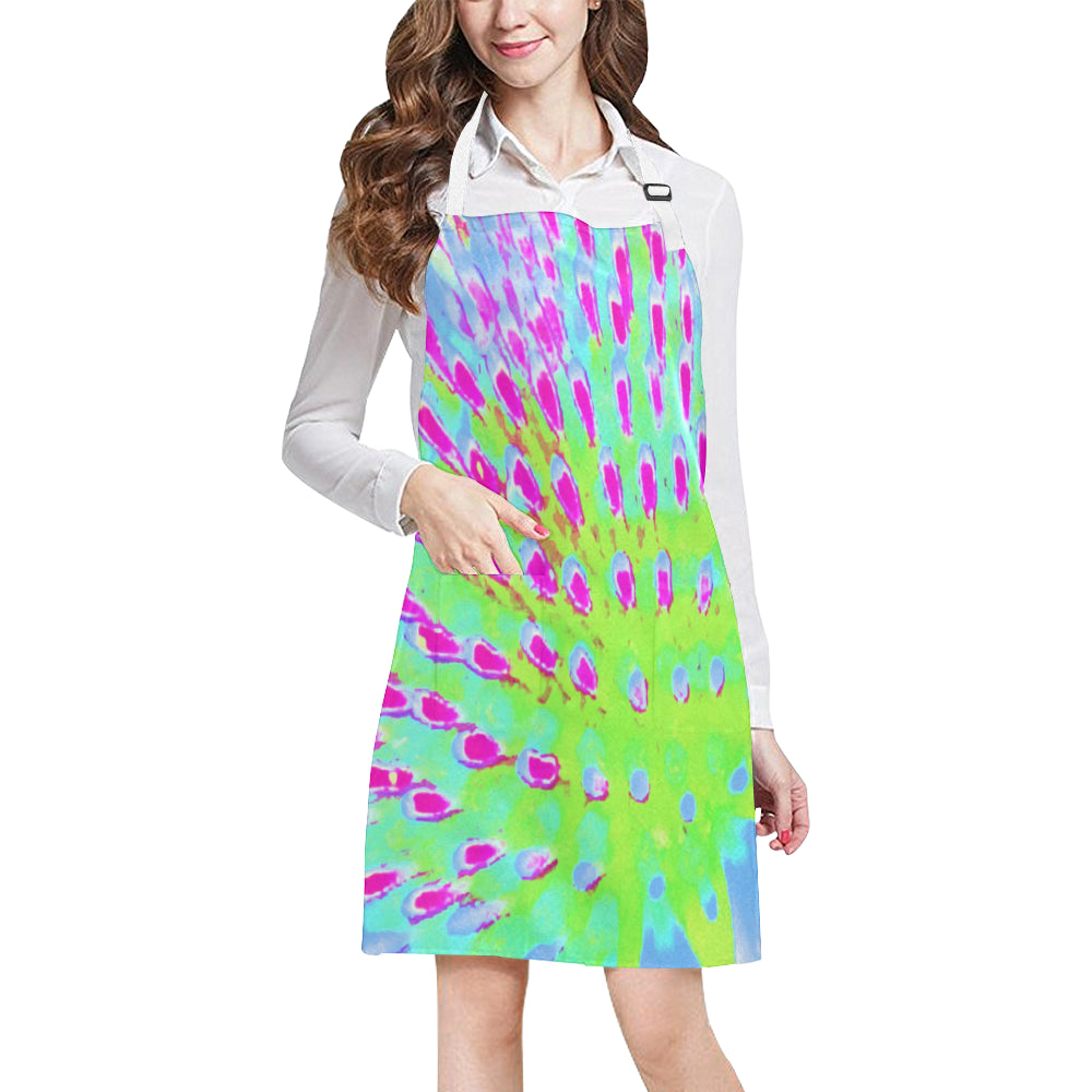 Apron with Pockets, Lime Green and Purple Abstract Cone Flower