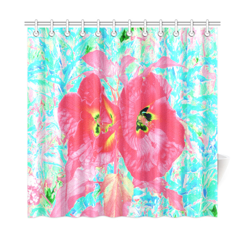 Shower Curtain, Two Rosy Red Coral Plum Crazy Hibiscus on Aqua