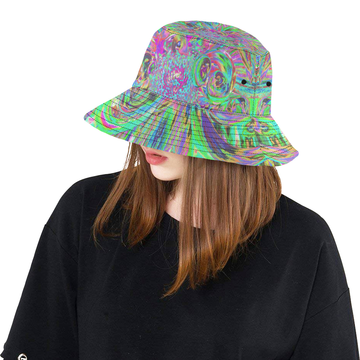 Bucket Hats, Festive Colorful Psychedelic Dahlia Flower Petals