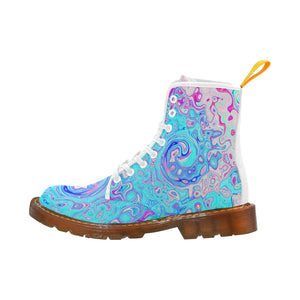 Colorful Boots for Women, Groovy Abstract Retro Robin's Egg Blue Liquid Swirl - White