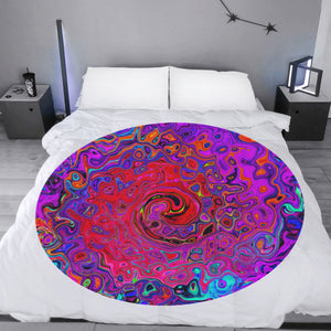 Round Throw Blankets, Trippy Red and Purple Abstract Retro Liquid Swirl