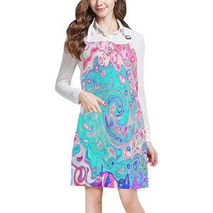 Apron with Pockets, Groovy Aqua Blue and Pink Abstract Retro Swirl
