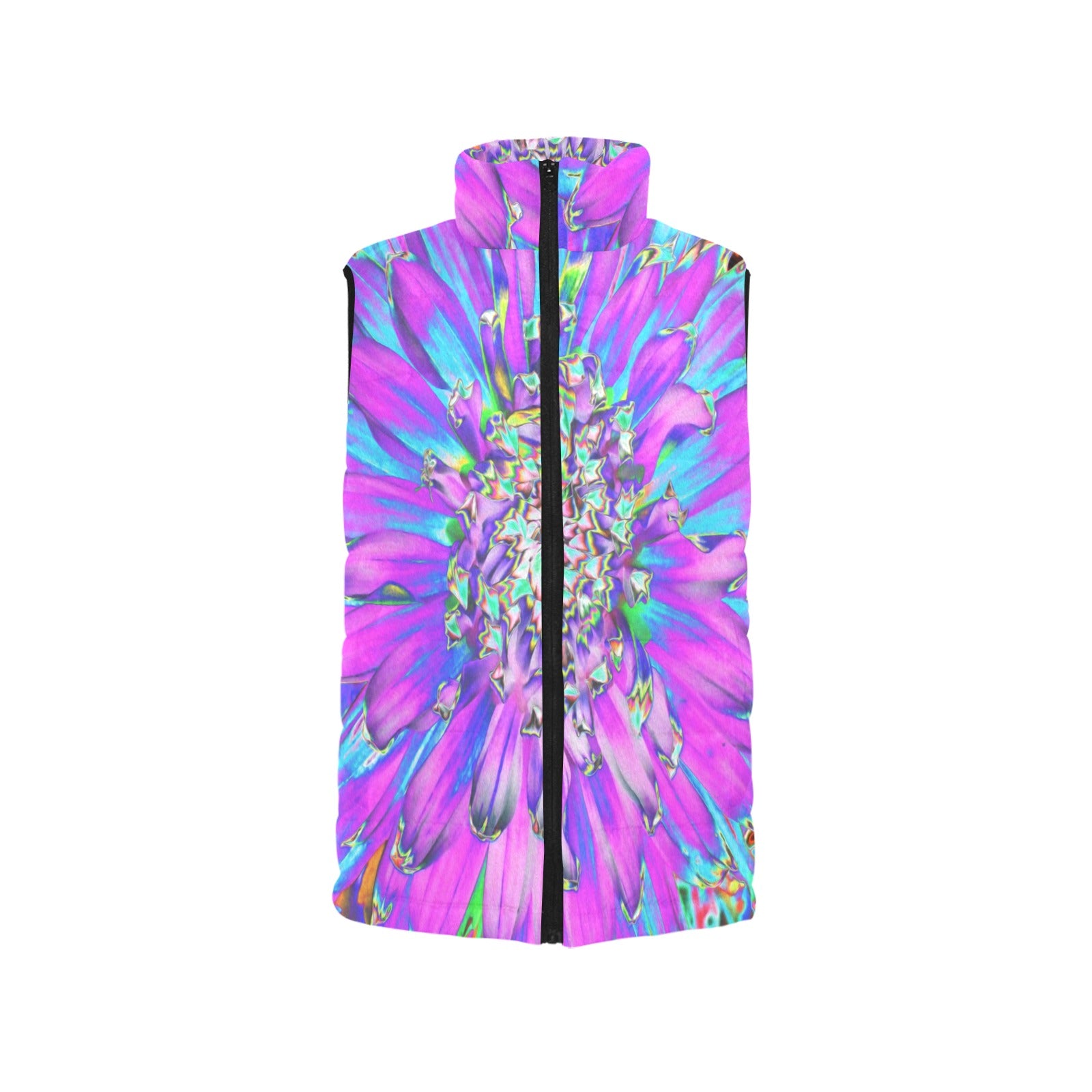 Women's Stand Collar Vest, Trippy Abstract Aqua, Lime Green and Purple Dahlia