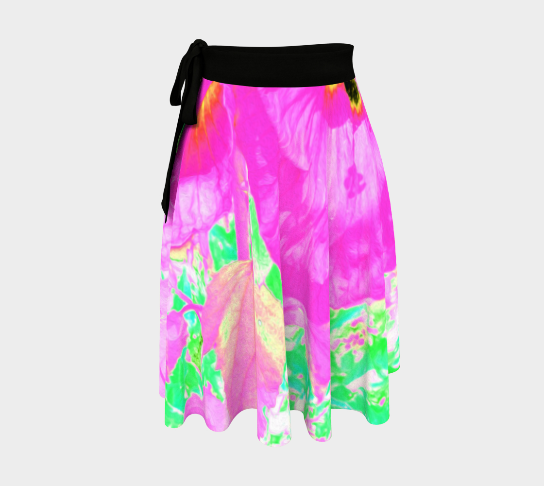 Artsy Wrap Skirt, Two Hot Pink Plum Crazy Hibiscus on Lime Green