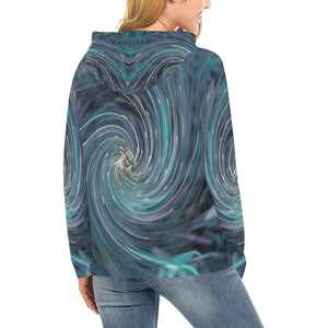 Hoodies for Women, Cool Abstract Retro Black and Teal Cosmic Swirl