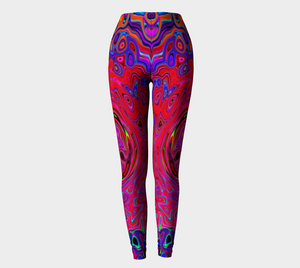 Groovy Artsy Leggings for Women, Trippy Red and Purple Abstract Retro Liquid Swirl
