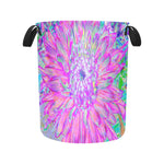Fabric Laundry Basket with Handles, Cool Pink Blue and Purple Artsy Dahlia Bloom