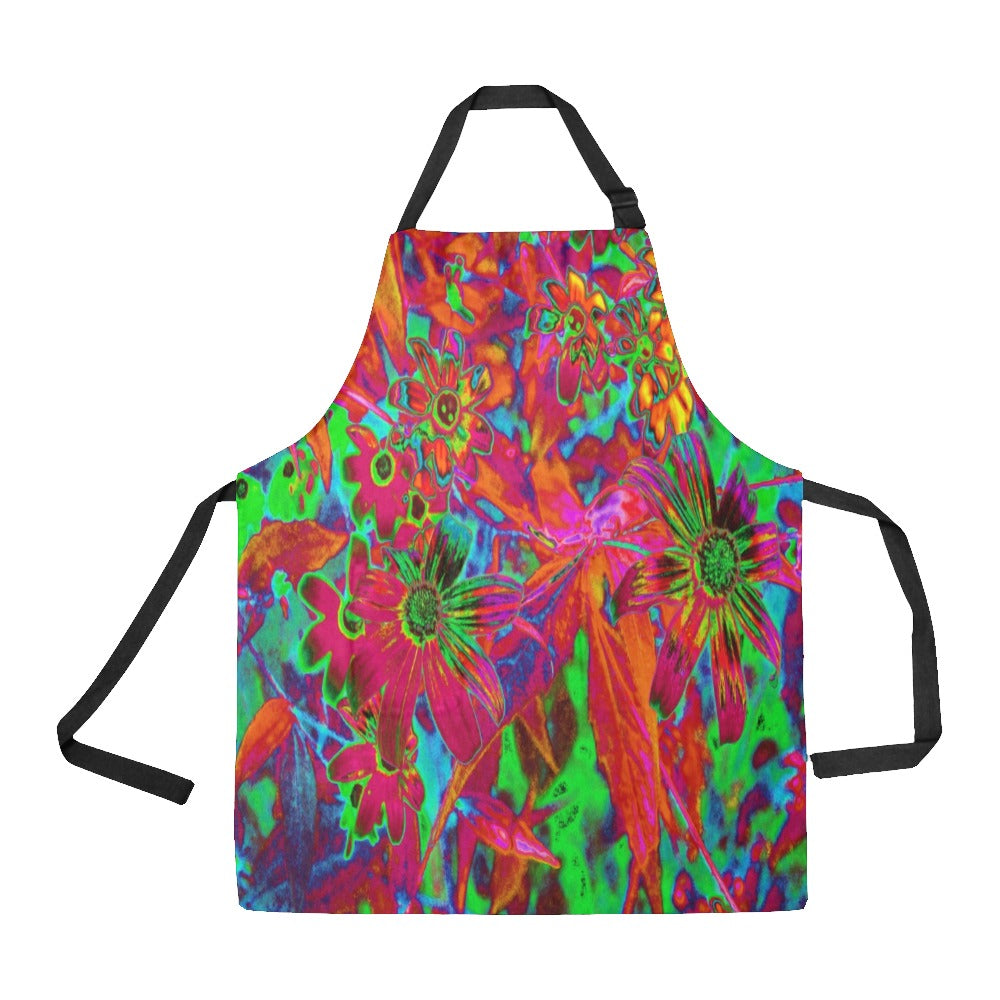 Apron with Pockets, Psychedelic Groovy Red and Green Wildflowers