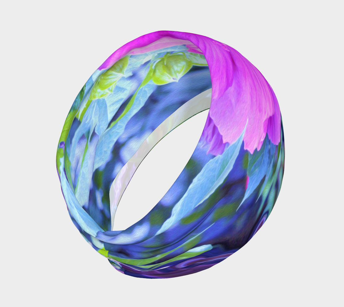 Wide Fabric Headband, Elegant Pink Hibiscus with Wavy Blue Foliage, Face Covering