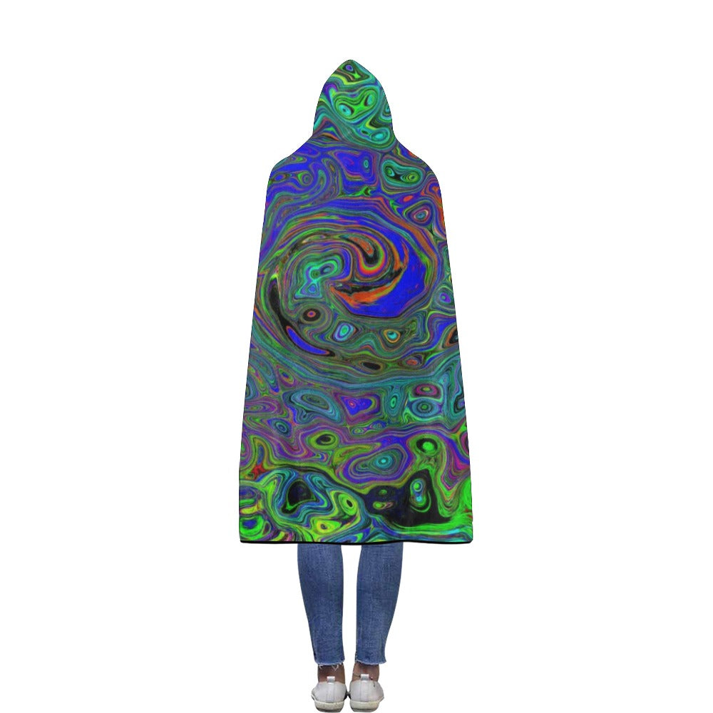 Hooded Blankets for Men, Marbled Blue and Aquamarine Abstract Retro Swirl