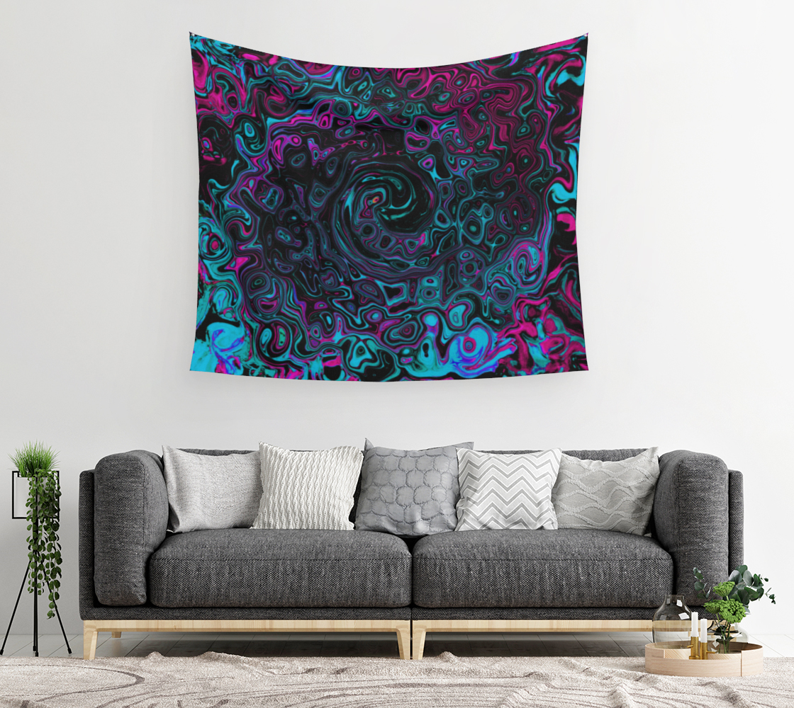 Artsy Wall Tapestry, Retro Aqua Magenta and Black Abstract Swirl