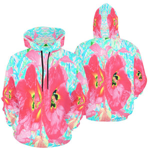 Hoodies for Women, Two Rosy Red Coral Plum Crazy Hibiscus on Aqua