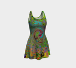 Fit and Flare Dresses, Groovy Abstract Retro Lime Green and Blue Swirl