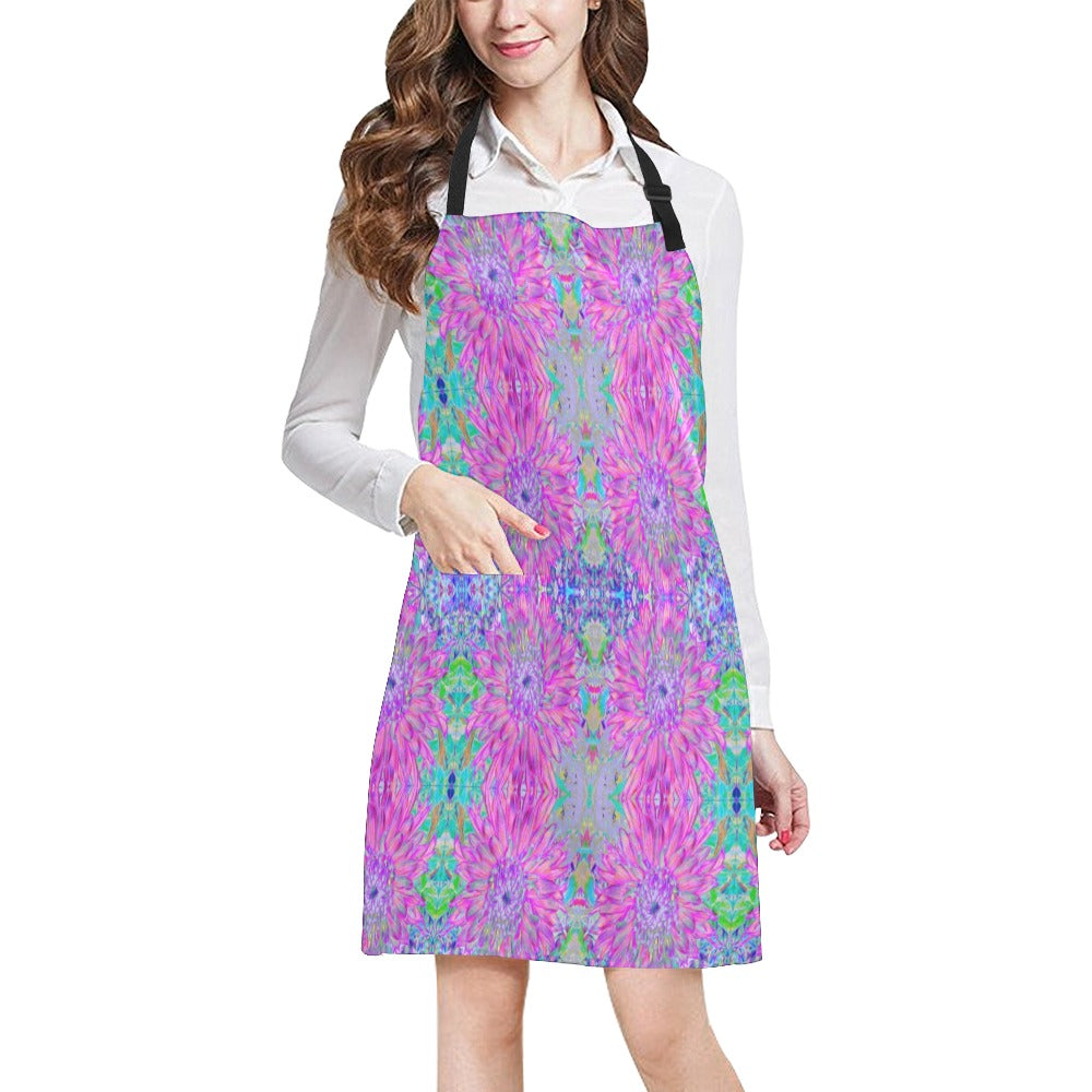 Apron with Pockets, Cool Magenta, Pink and Purple Dahlia Pattern