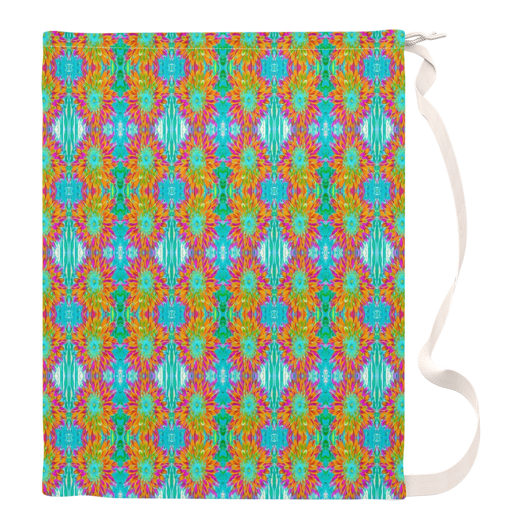 Large Laundry Bags, Abstract Retro Dahlia Pattern in Orange and Teal Blue