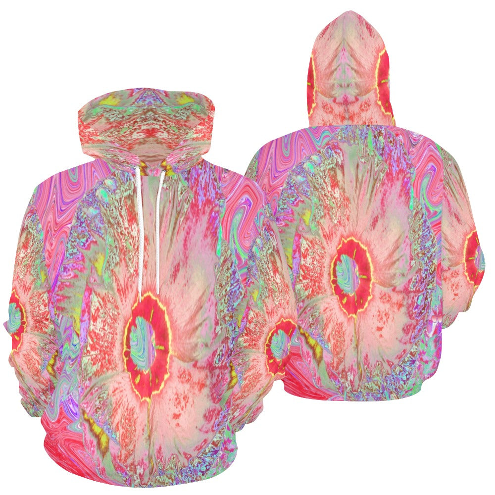 Hoodies for Women, Psychedelic Retro Coral Rainbow Hibiscus