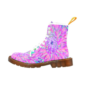 Boots for Women, Cool Pink Blue and Purple Artsy Dahlia Bloom - White