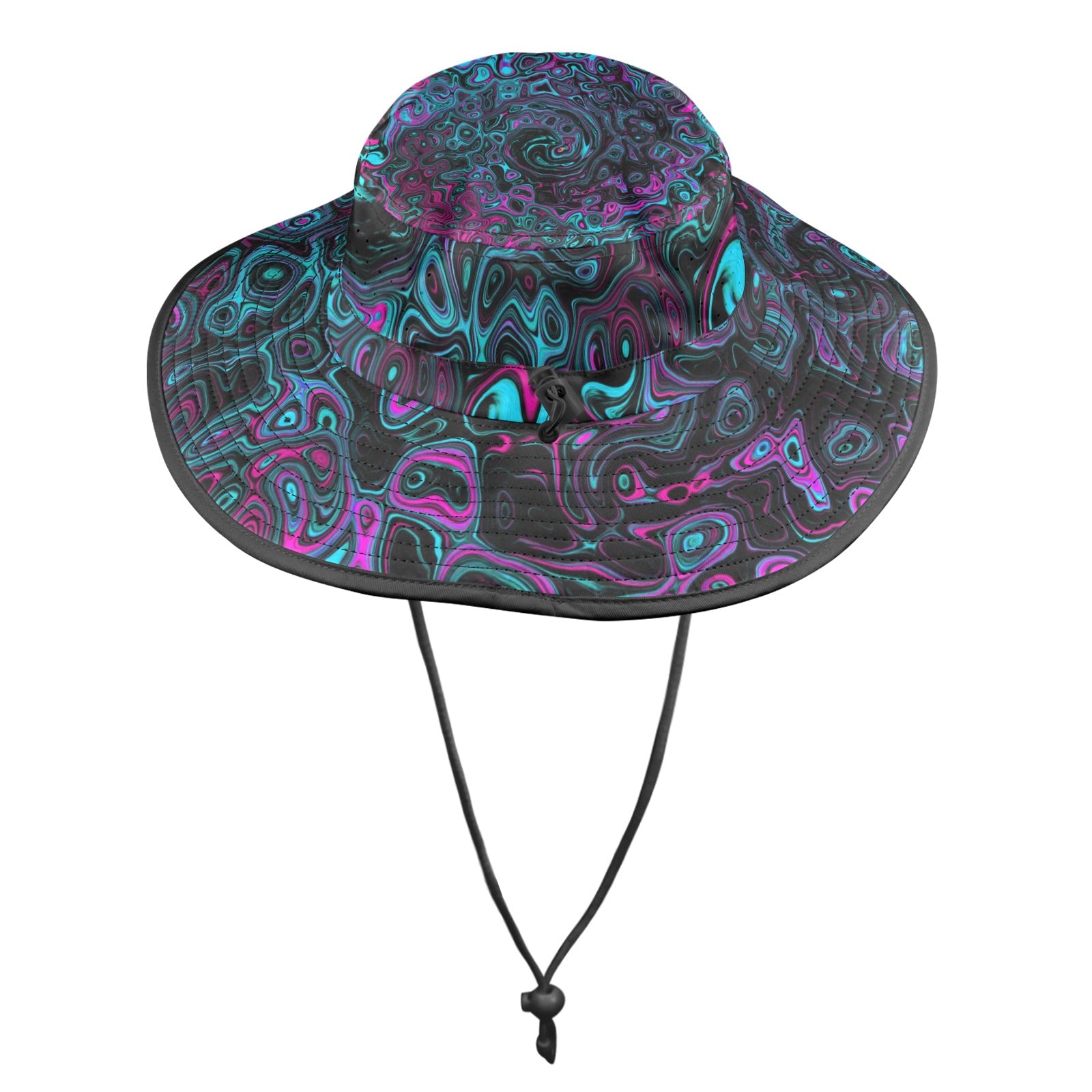 Wide Brim Sun Hat - Retro Aqua Magenta and Black Abstract Swirl