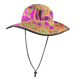 Wide Brim Sun Hat - Hot Pink Groovy Abstract Retro Liquid Swirl