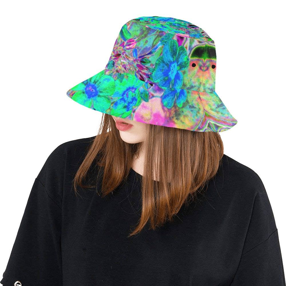 Bucket Hats, Psychedelic Trippy Lime Green and Blue Flowers