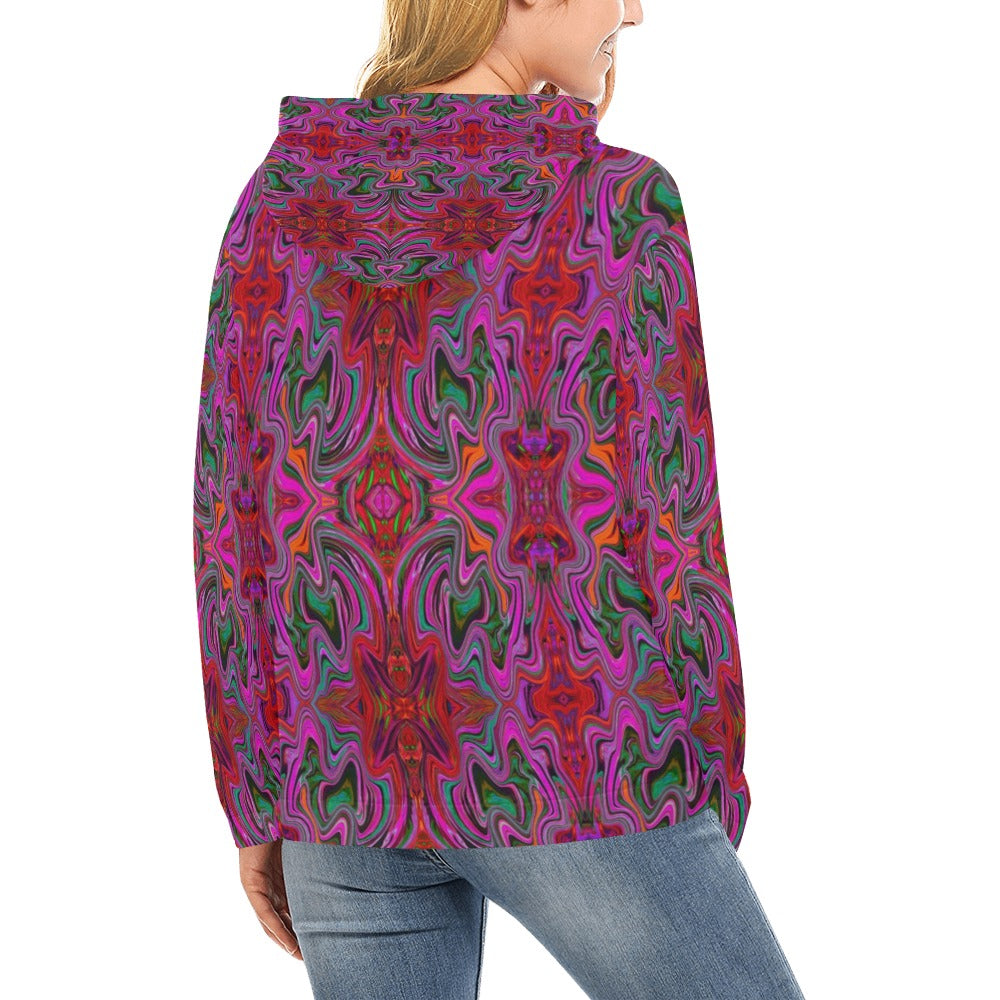 Hoodies for Women, Cool Trippy Magenta, Red and Green Wavy Pattern