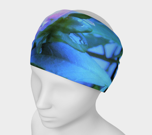 Wide Fabric Headband, White and Purple Dahlia Profile on Blue, Face Covering