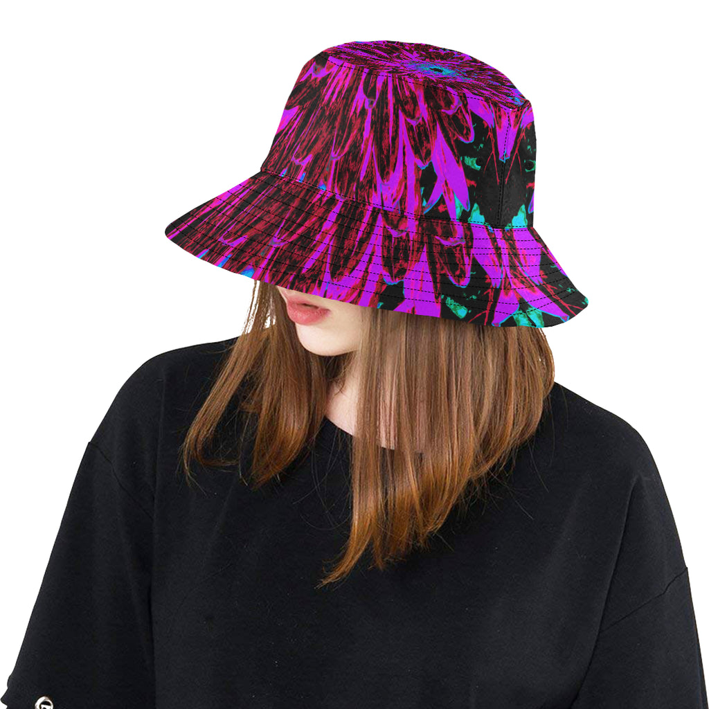 Bucket Hats, Dramatic Crimson Red, Purple and Black Dahlia Flower