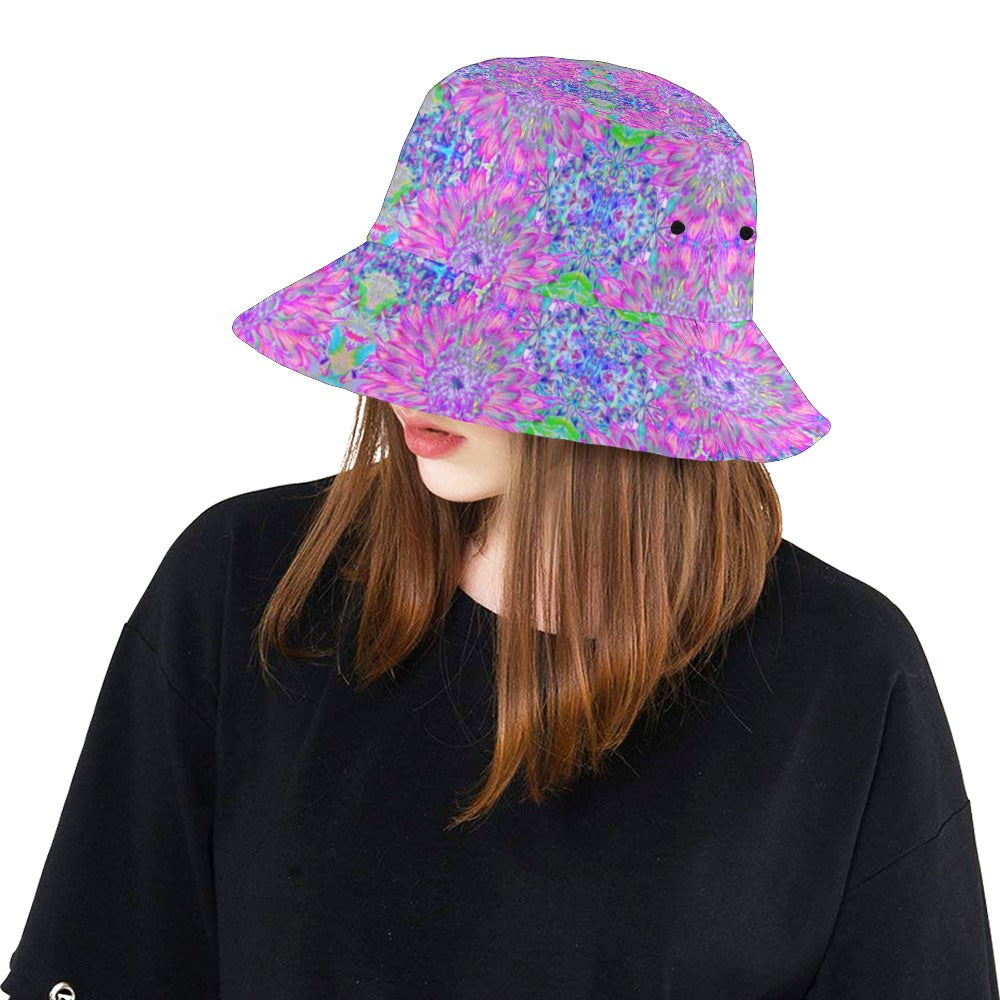 Bucket Hats for Women, Cool Magenta, Pink and Purple Dahlia Pattern