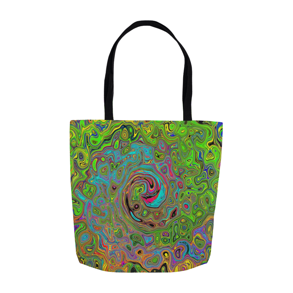 Tote Bags, Groovy Abstract Retro Lime Green and Blue Swirl