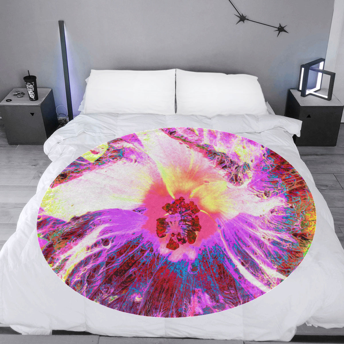 Round Fleece Blankets, Psychedelic Trippy Rainbow Colors Hibiscus Flower